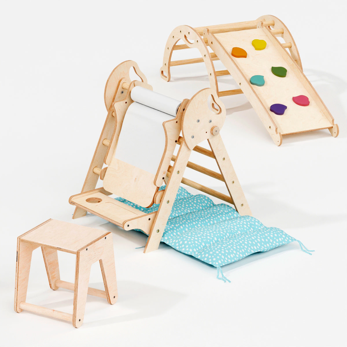 Montessori 4in1 Kletterdreieck für Babys: Pikler-Dreieck, Kletterbogen, Rutschbrett und Kissen für Kleinkinder (1–3 Jahre)