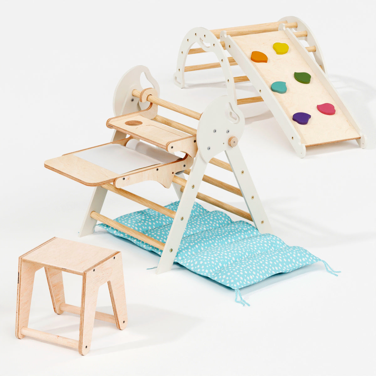 Montessori 4in1 Kletterdreieck für Babys: Pikler-Dreieck, Kletterbogen, Rutschbrett und Kissen für Kleinkinder (1–3 Jahre)