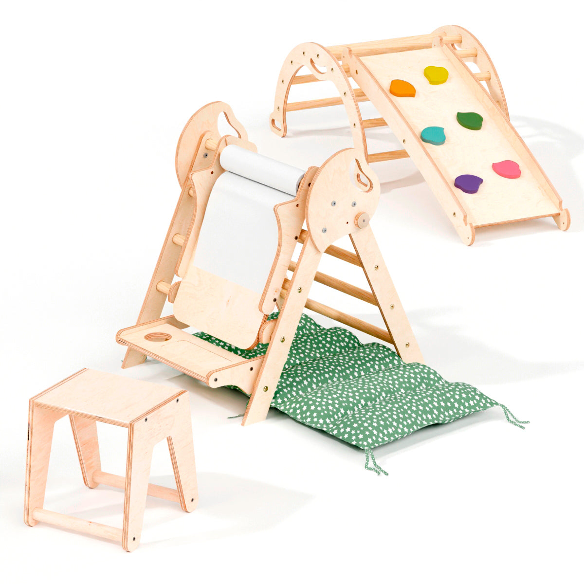 Montessori 4in1 Kletterdreieck für Babys: Pikler-Dreieck, Kletterbogen, Rutschbrett und Kissen für Kleinkinder (1–3 Jahre)