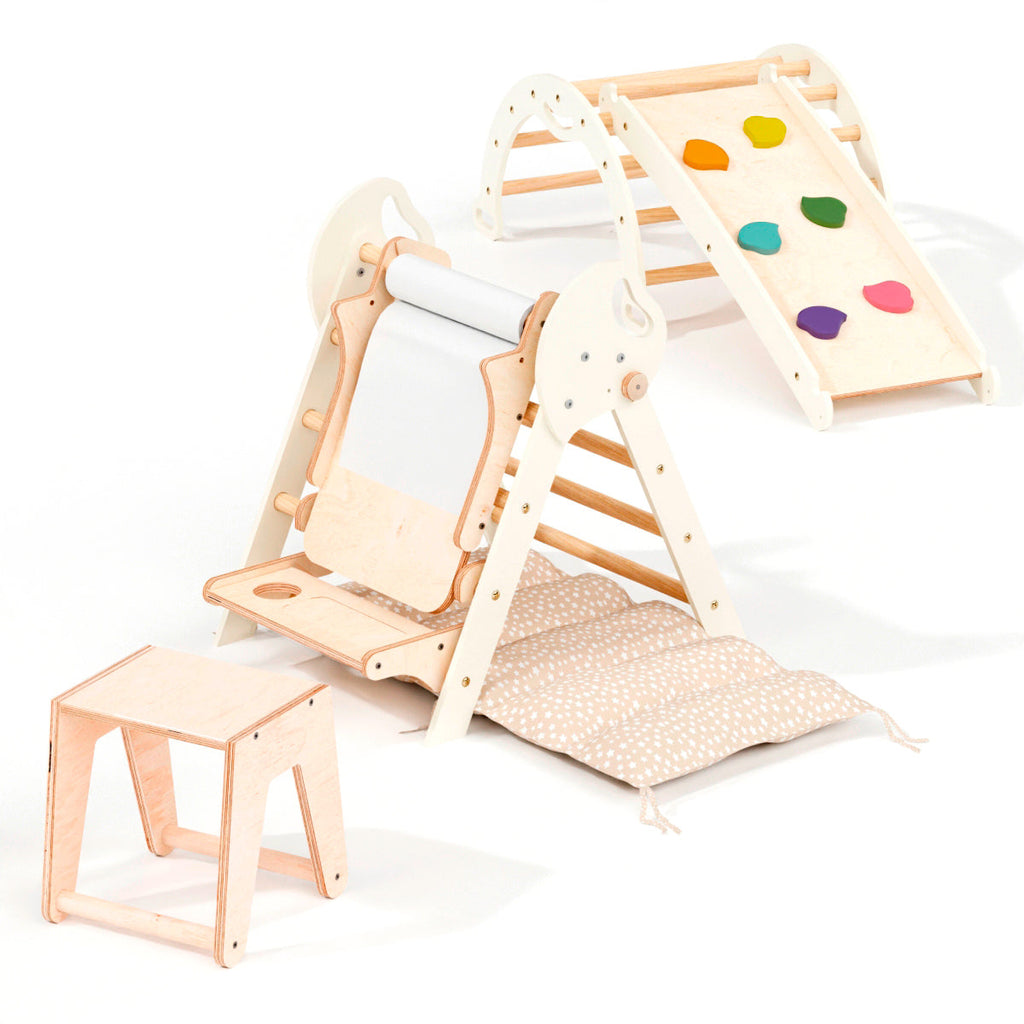 Montessori 4in1 Kletterdreieck für Babys: Pikler-Dreieck, Kletterbogen, Rutschbrett und Kissen für Kleinkinder (1–3 Jahre)