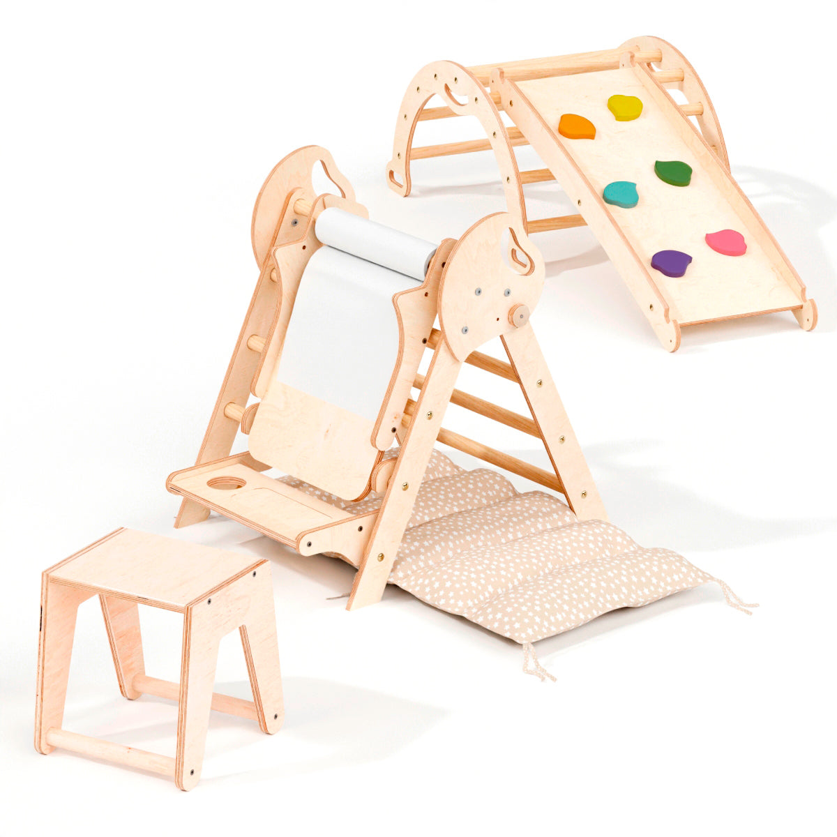 Montessori 4in1 Kletterdreieck für Babys: Pikler-Dreieck, Kletterbogen, Rutschbrett und Kissen für Kleinkinder (1–3 Jahre)