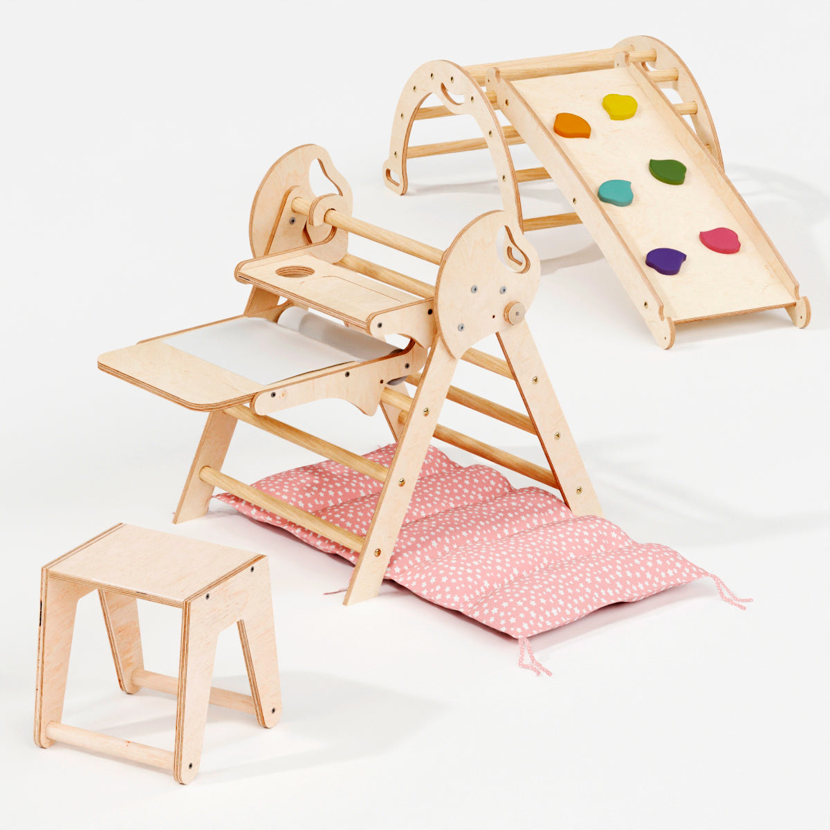 Montessori 4in1 Kletterdreieck für Babys: Pikler-Dreieck, Kletterbogen, Rutschbrett und Kissen für Kleinkinder (1–3 Jahre)