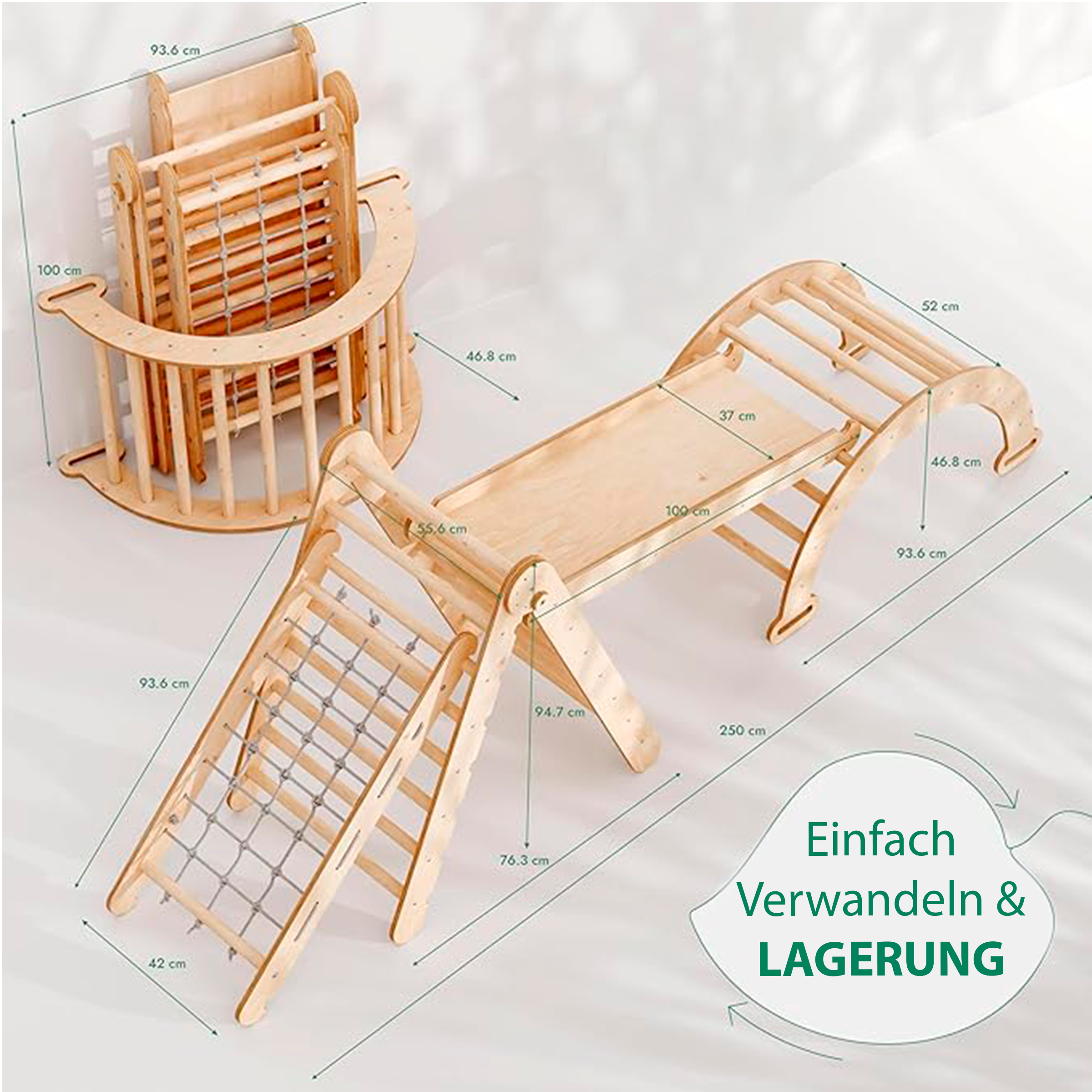 4in1 Montessori Klettergerüst Set: Kletterdreieck mit Rutsche, Kletterbogen, Kletternetz, für Kinder 1-7 Jahre – Beige