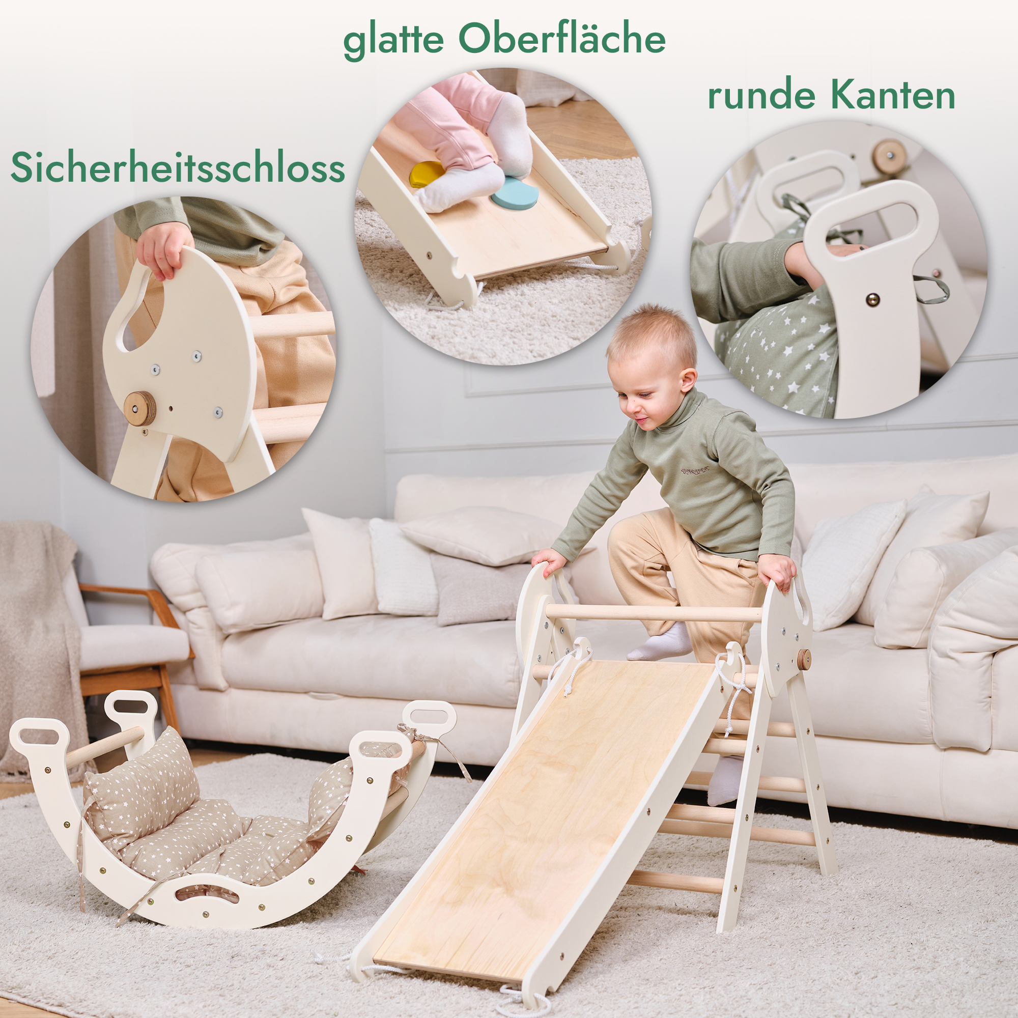 Montessori 4in1 Kletterdreieck für Babys: Pikler-Dreieck, Kletterbogen, Rutschbrett und Kissen für Kleinkinder (1–3 Jahre)