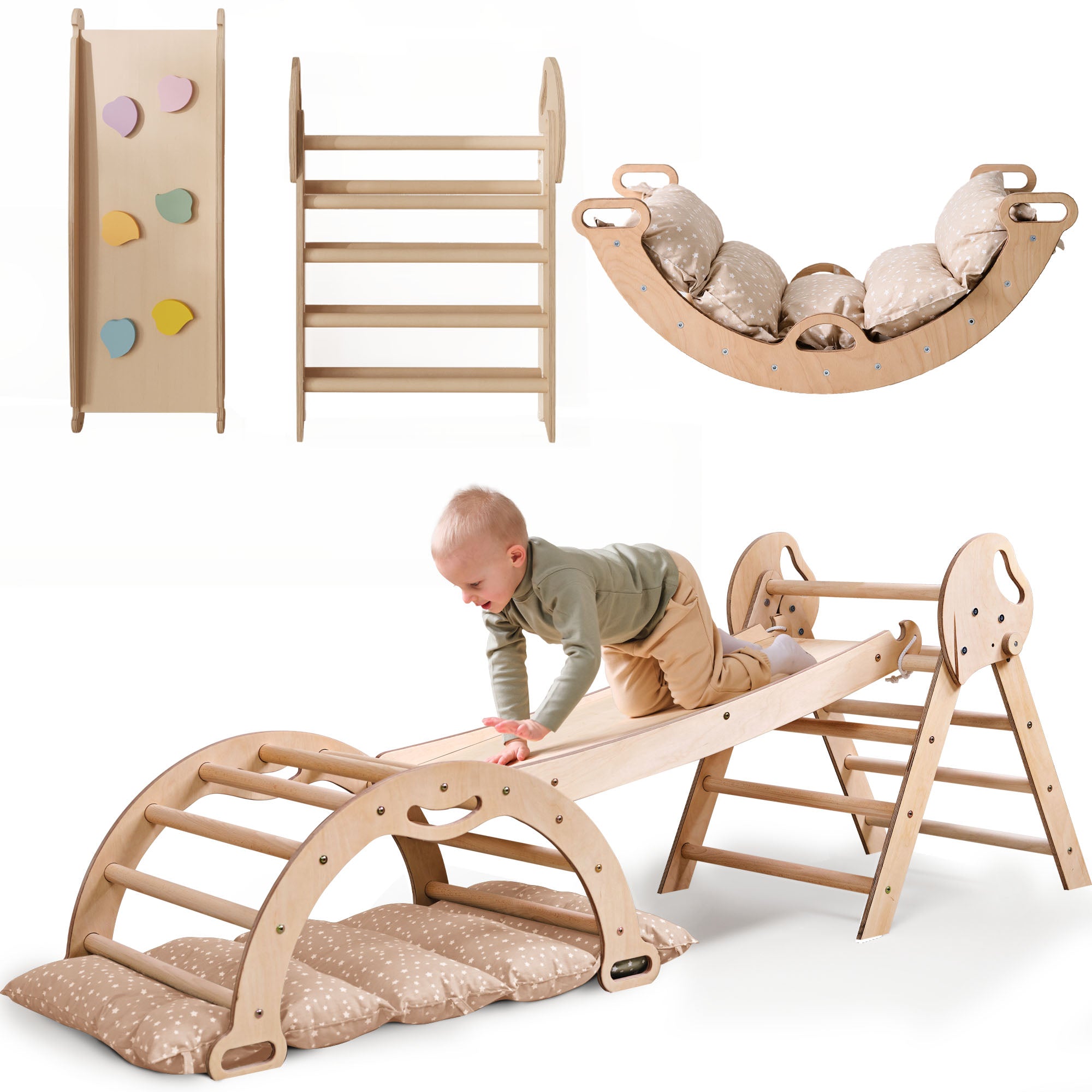 Montessori 4in1 Kletterdreieck für Babys: Pikler-Dreieck, Kletterbogen, Rutschbrett und Kissen für Kleinkinder (1–3 Jahre)