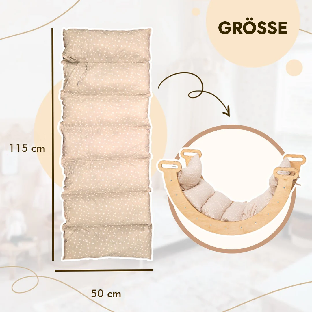 7in1 Montessori Klettergerüst Set: Kletterdreieck, Kletterbogen mit Kissen, Rutsche, Kletternetz, Maltafel und Kinderstuhl, für Kinder 1-7 Jahre – Beige