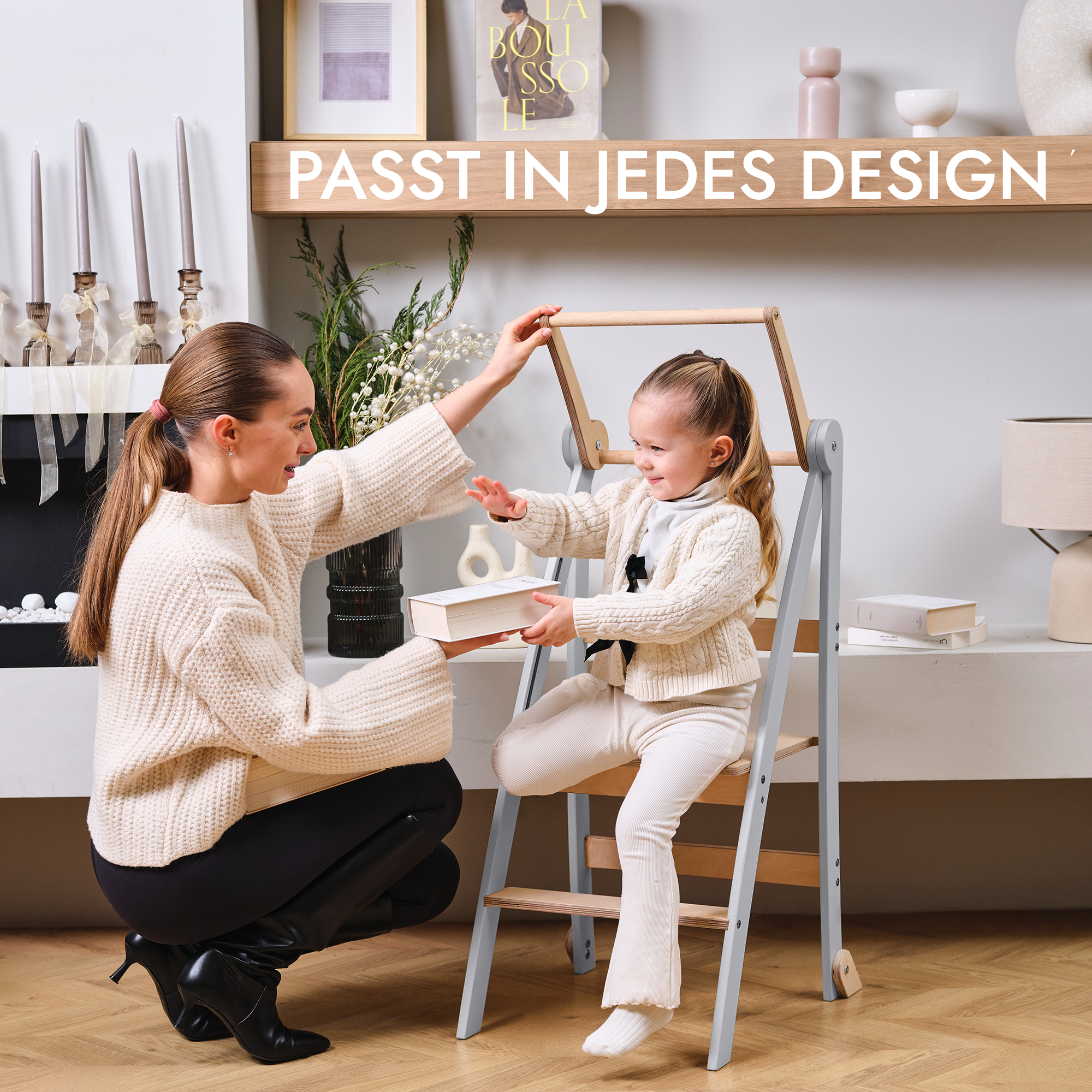 Holz Lernleiter Montessori: Hocker für Kinder - Grau