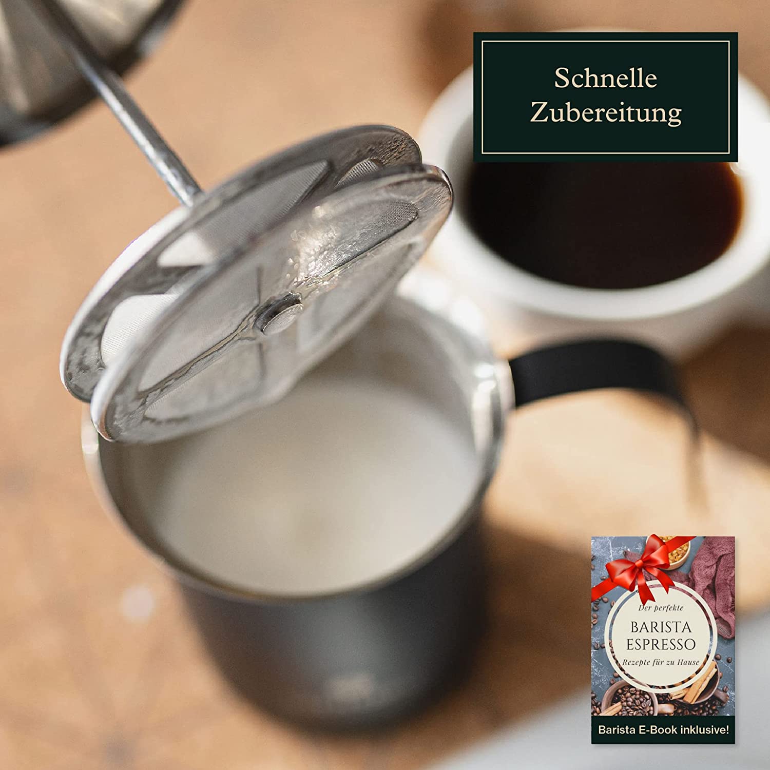 Manueller Hand-Milchaufschäumer aus Edelstahl mit Doppelsieb