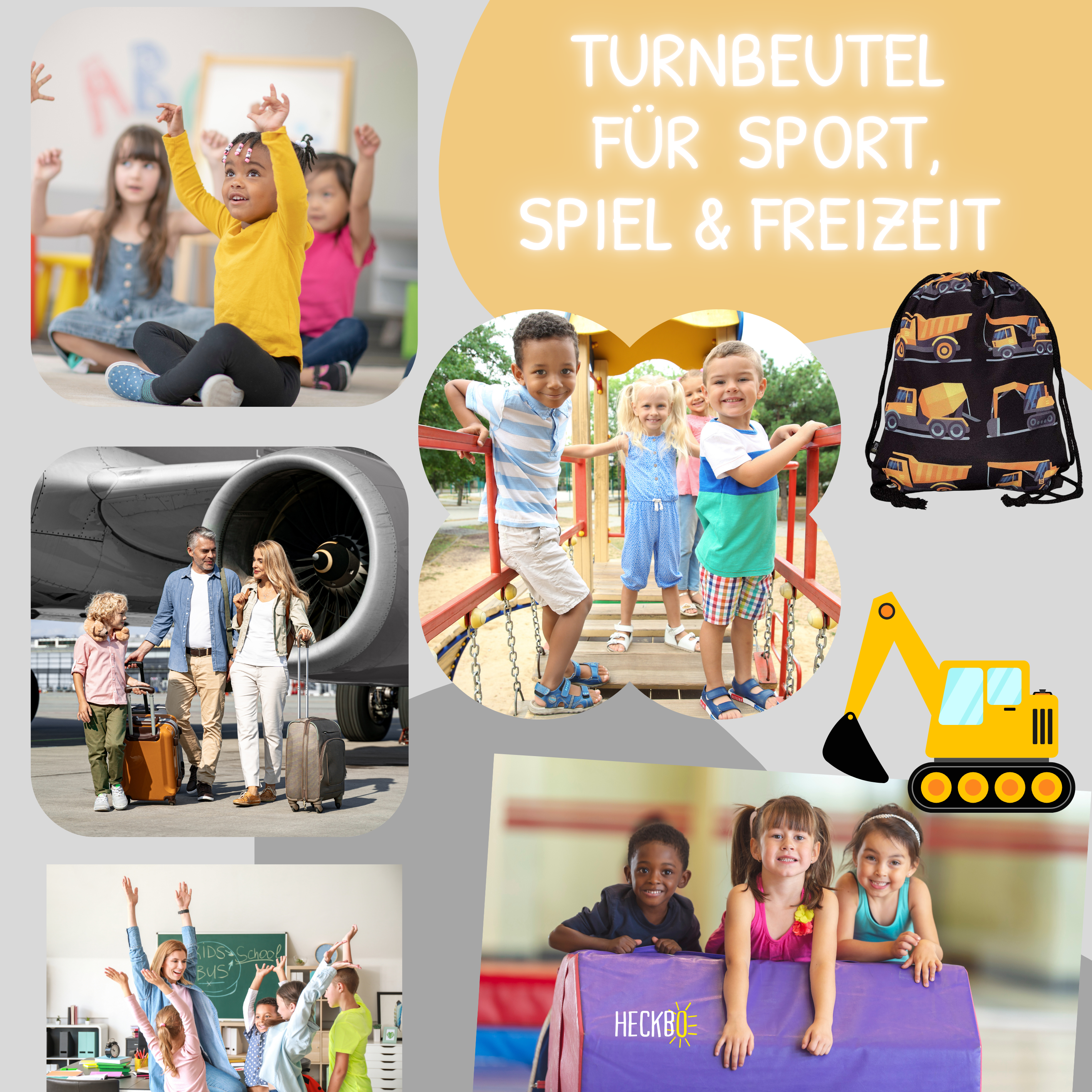 Kinder Turnbeutel Baufahrzeuge 8 schwarz