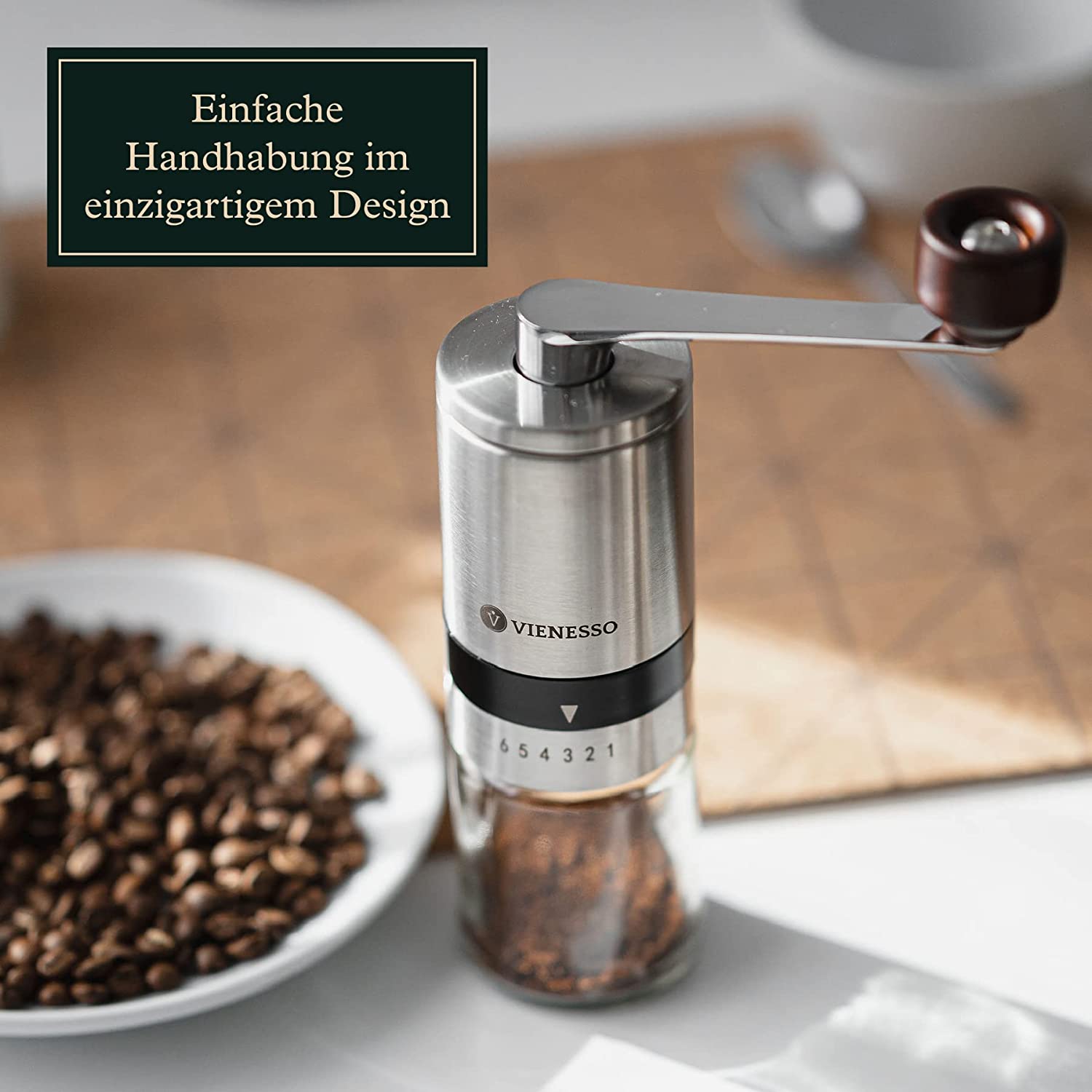 Manuelle Handkaffeemühle mit Keramik-Mahlwerk: Espressomühle mit 6-Stufen Mahlgradeinstellung