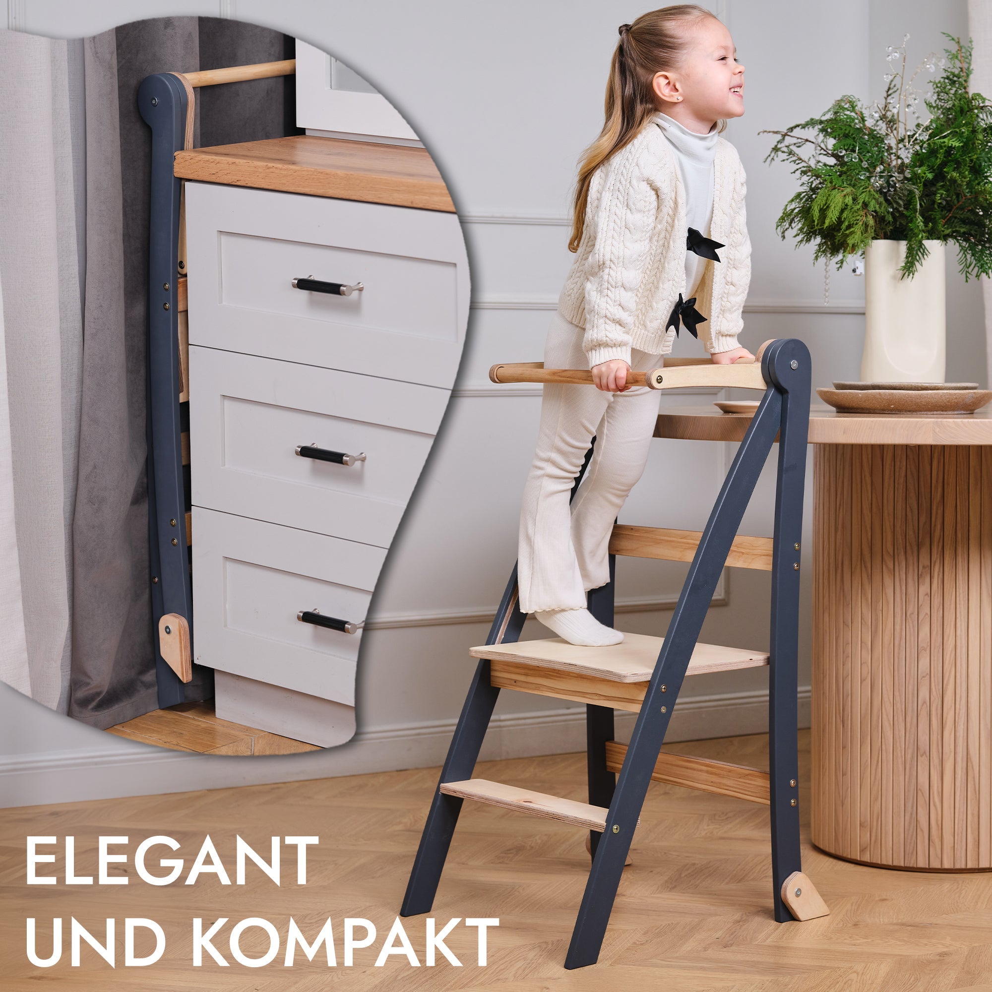Holz Lernleiter Montessori: Hocker für Kinder - Graphit