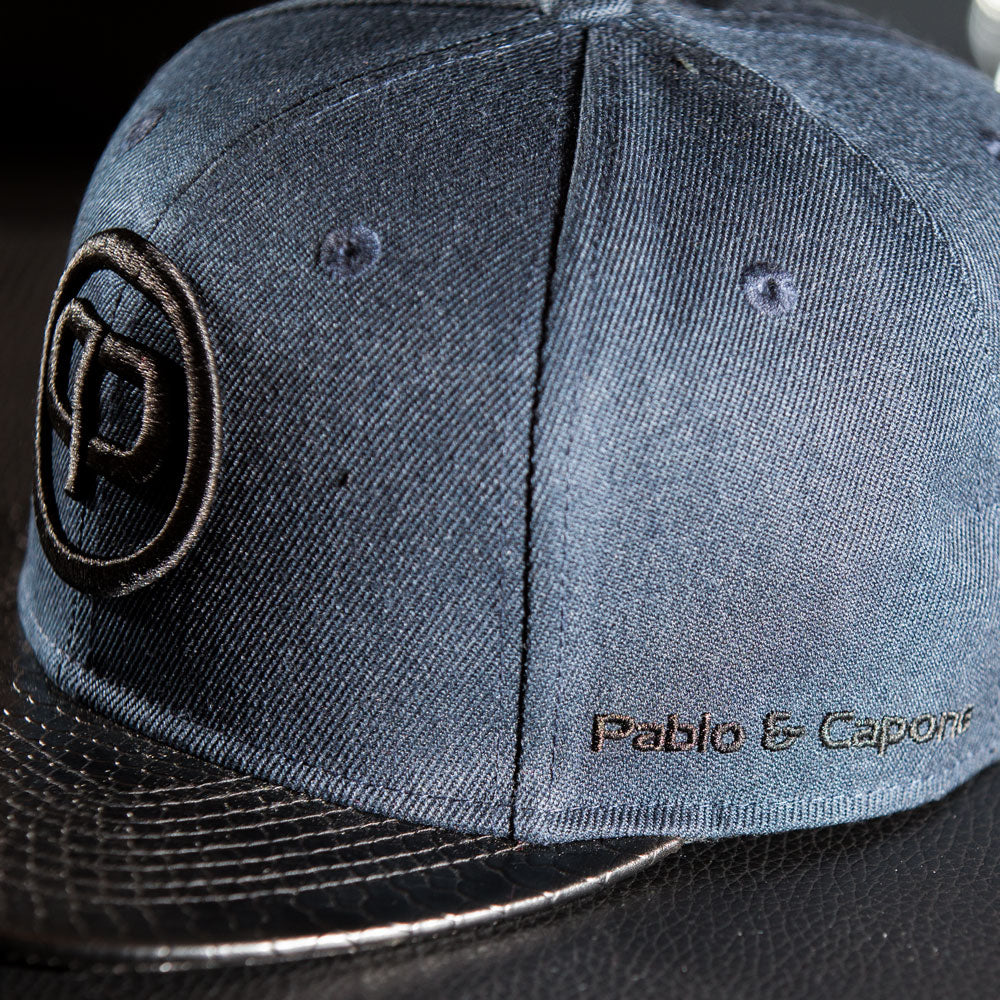 Snapback Cap - Navy Blue & Black Leather
