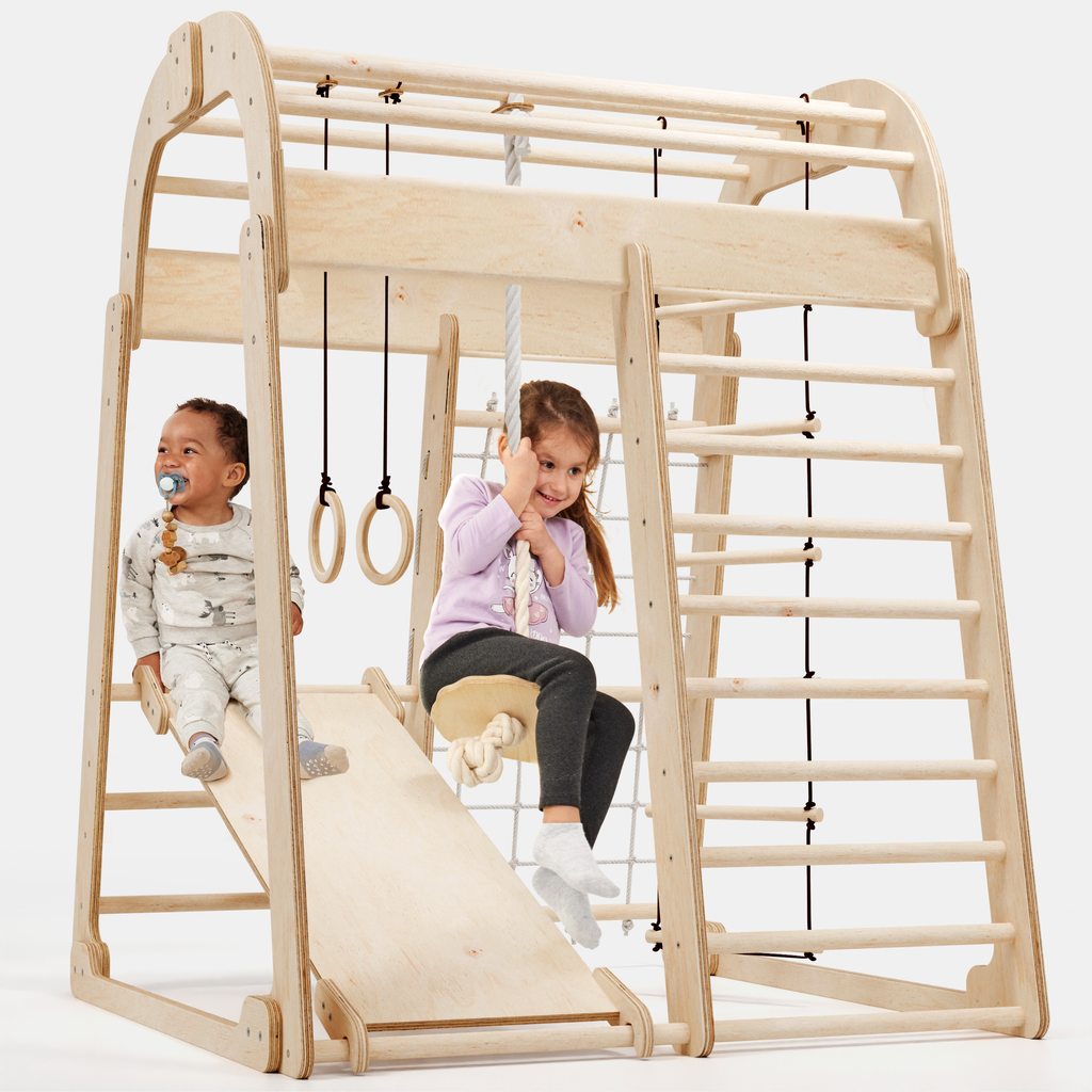 6in1 Indoor Spielplatz für Kinder: Klettergerüst mit Kletternetz, Rutsche, Gymnastikringe, Hängende Leiter und Disc-Schaukel – Beige