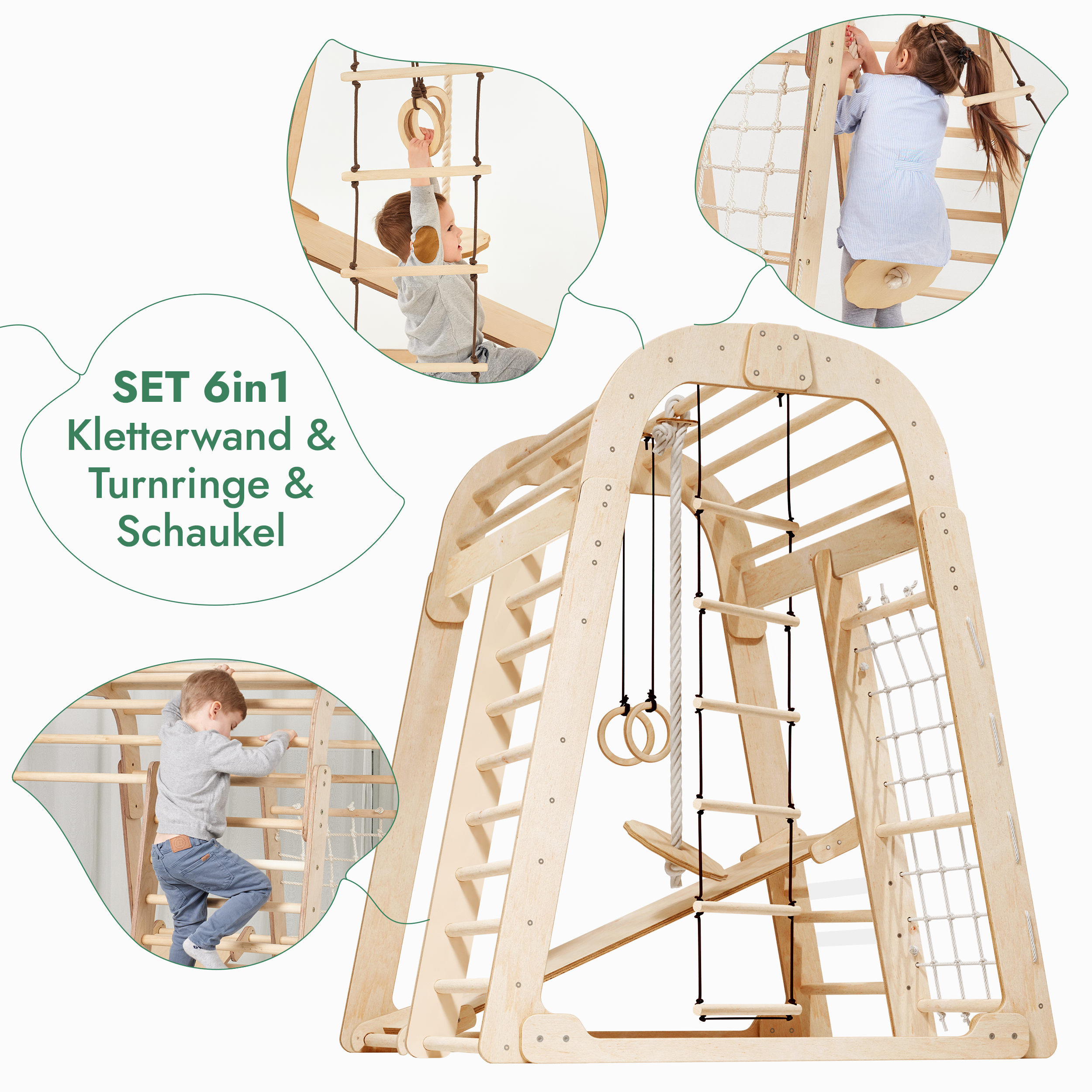 6in1 Indoor Spielplatz für Kinder: Klettergerüst mit Kletternetz, Rutsche, Gymnastikringe, Hängende Leiter und Disc-Schaukel – Beige
