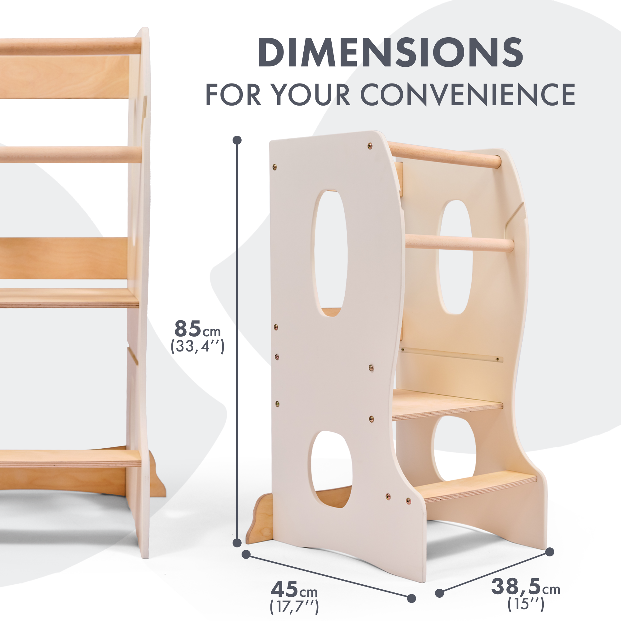 Stabiler Montessori Lernturm: Mitwachsender Kinderstuhl aus Holz – Elfenbein