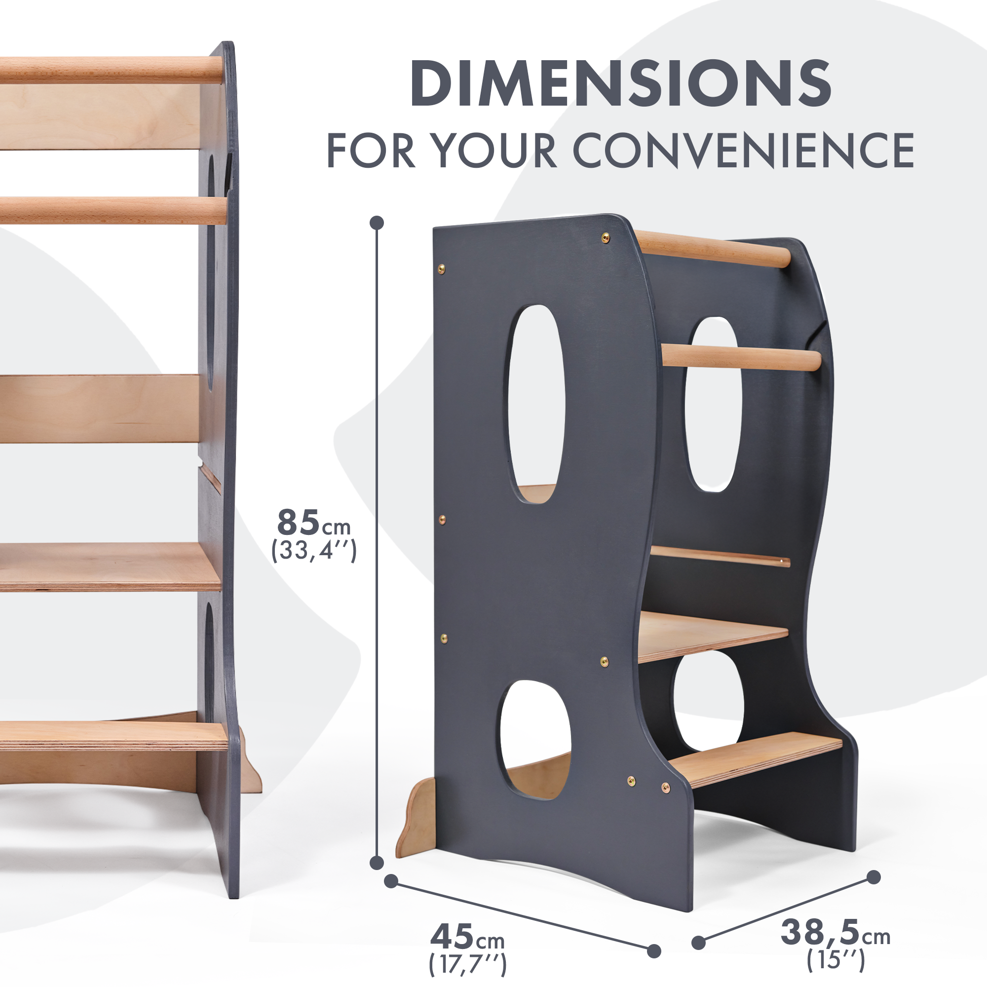 Stabiler Montessori Lernturm: Mitwachsender Kinderstuhl aus Holz – Grau