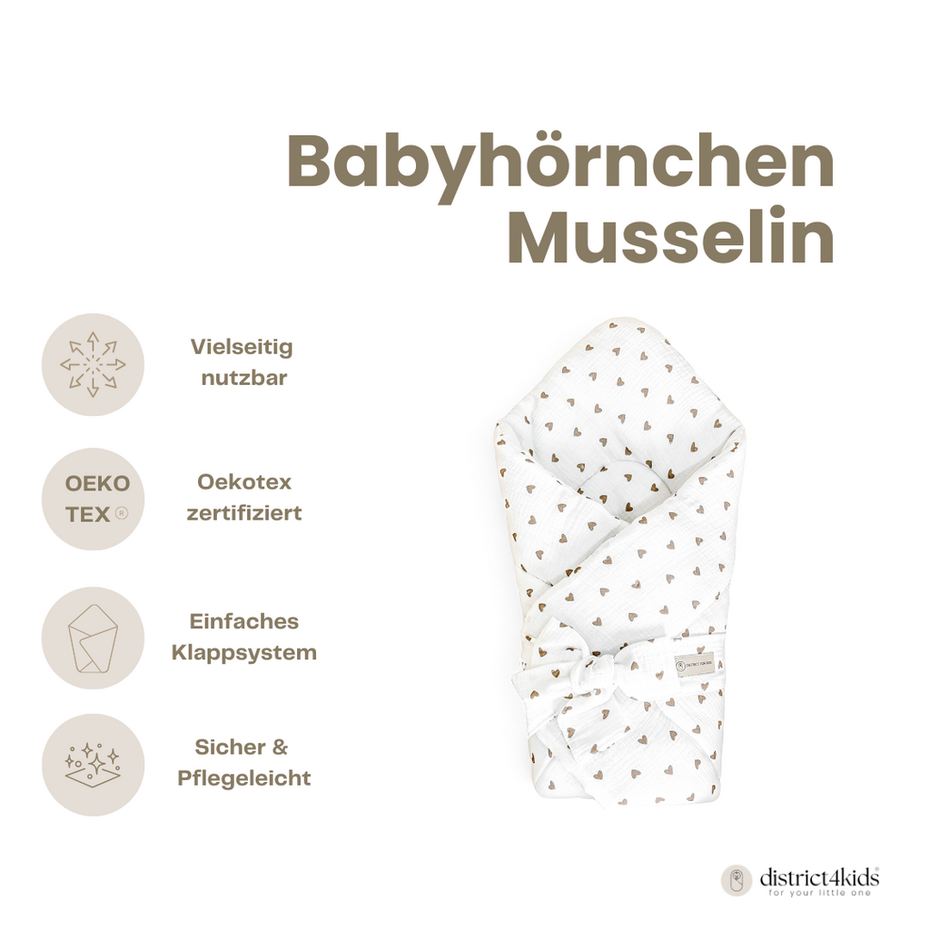 Babyhörnchen Musselin Herzen braun mit Schleife – Puckdecke & Einschlagdecke
