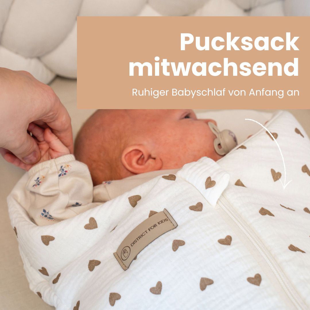 Pucksack Musselin Brown Heart mitwachsend – Ganzjahres Babyschlafsack