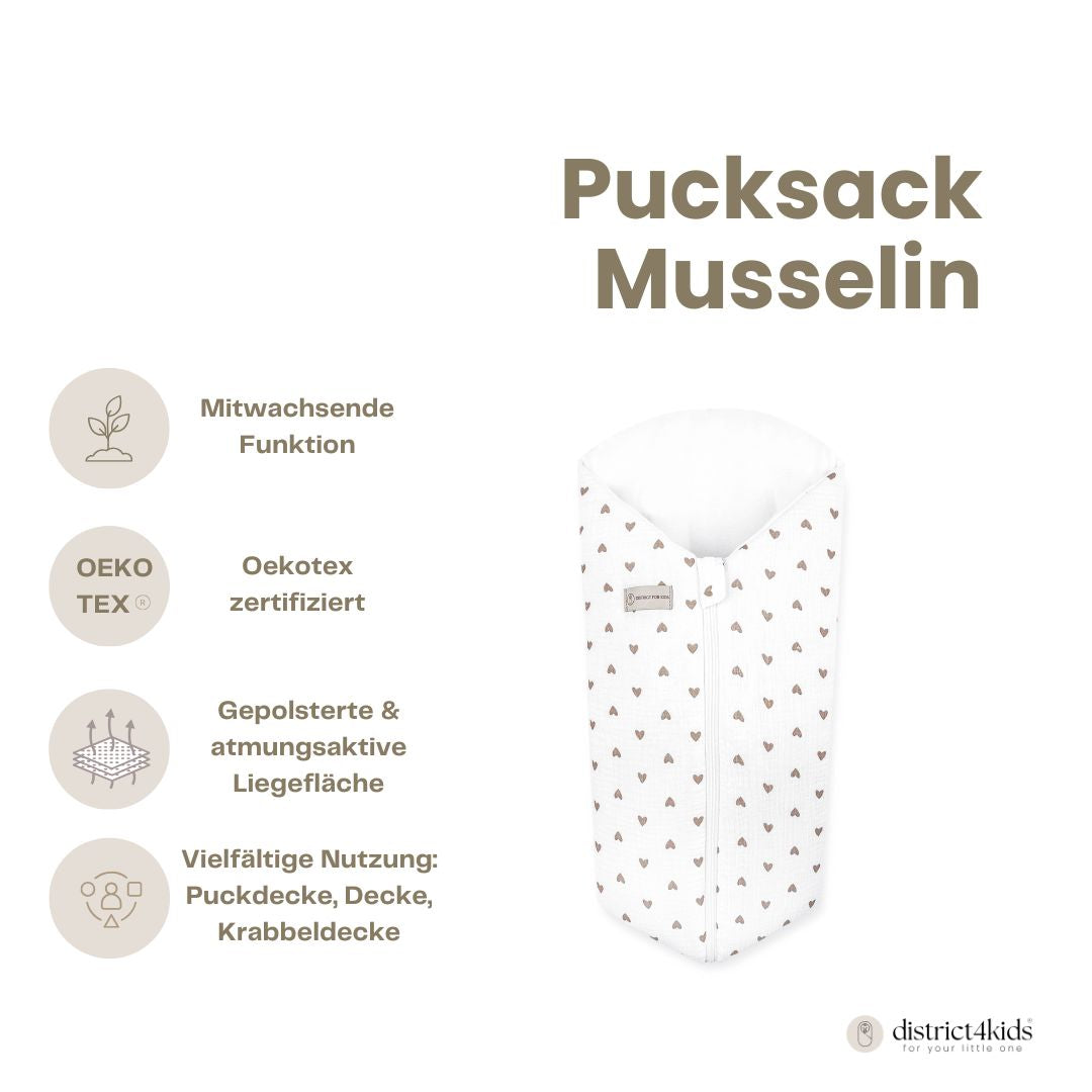 Pucksack Musselin Brown Heart mitwachsend – Ganzjahres Babyschlafsack