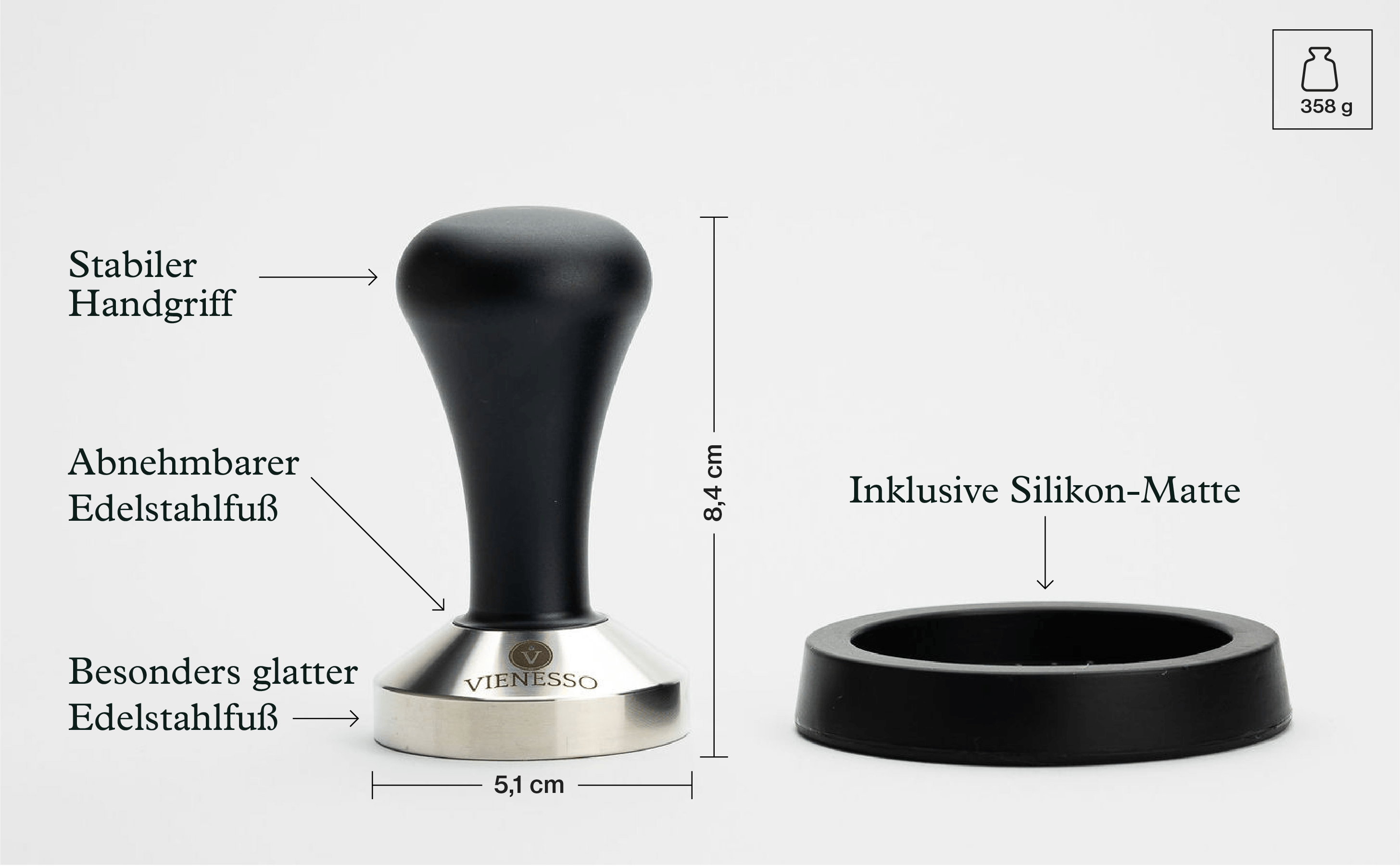 Tamper Set für den Barista - Espresso Stempel zum Andrücken aus Edelstahl und Druckguss-Griff inkl. Matte - 51 mm