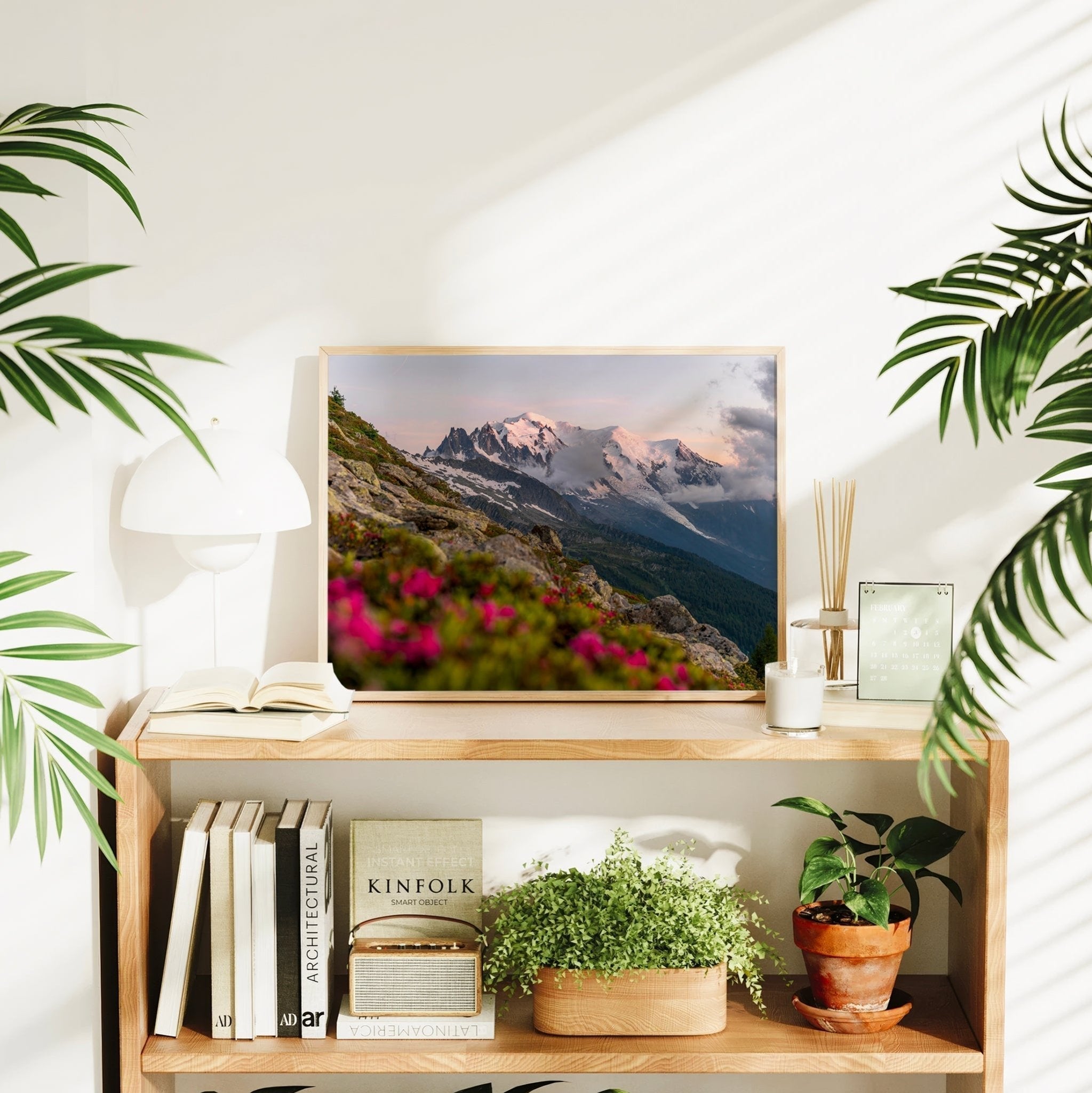 Mont Blanc Sunset Wall Art Print – Chamonix Alpine Landscape with Flowers