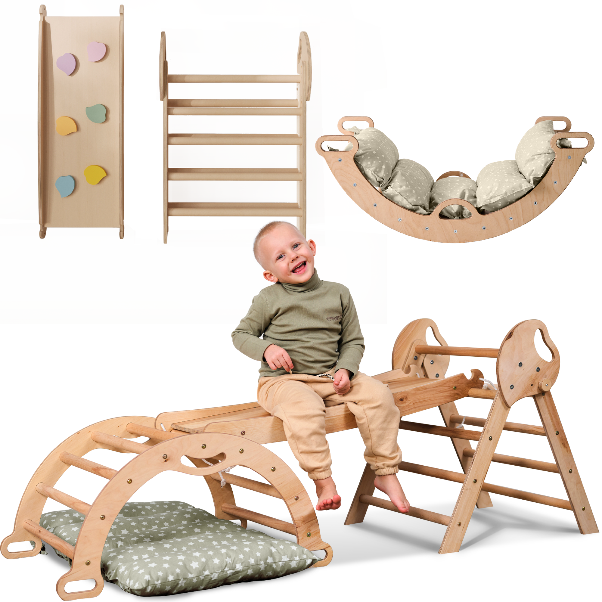 Montessori 4in1 Kletterdreieck für Babys: Pikler-Dreieck, Kletterbogen, Rutschbrett und Kissen für Kleinkinder (1–3 Jahre)