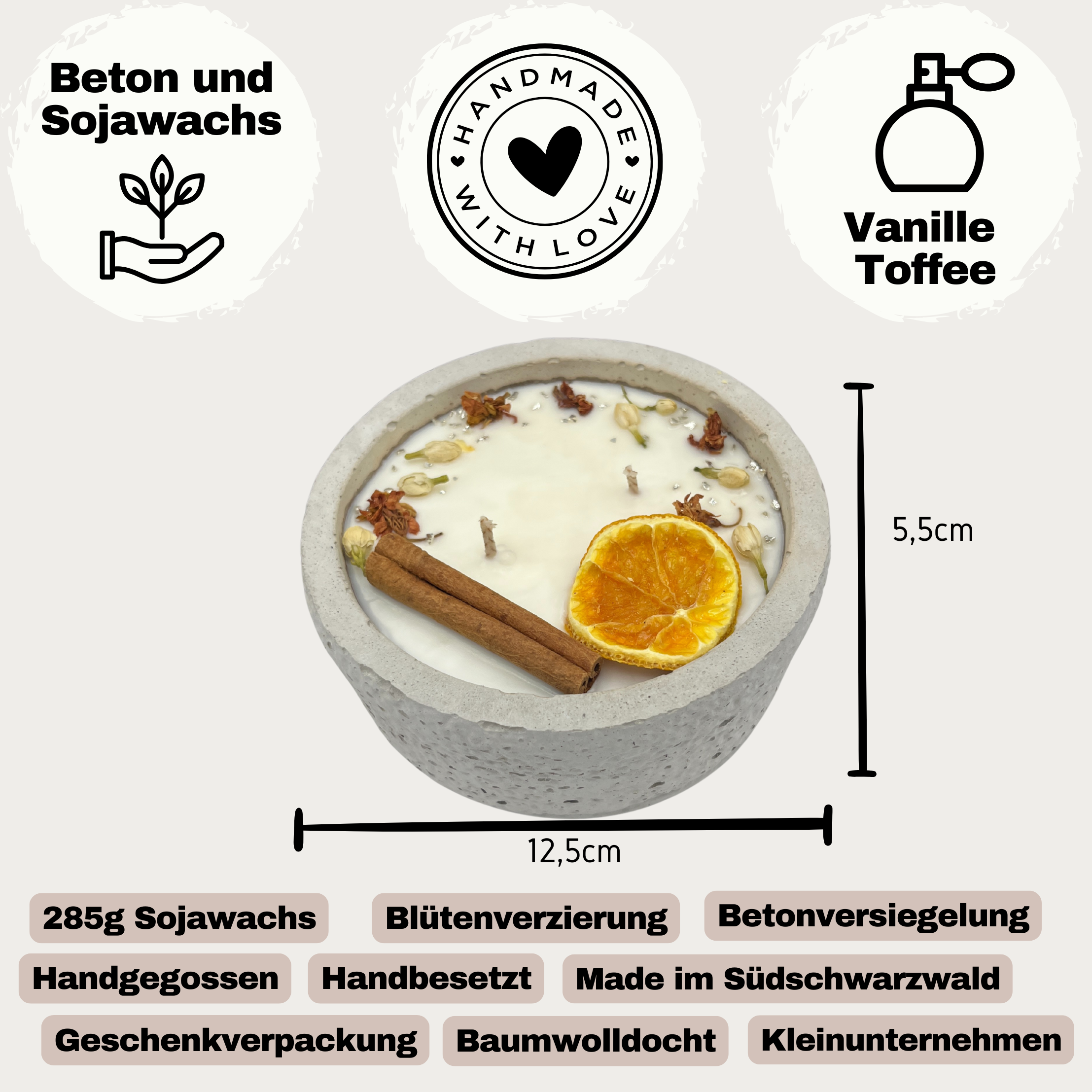 Betonkerze "Grey Cinnamon" Stilvolle Sojawachskerze für Ihr Zuhause. Aromatherapie Kerze mit Blütenverzierung und HOCHWERTIGEM Baumwolldocht aus dem Südschwarzwald