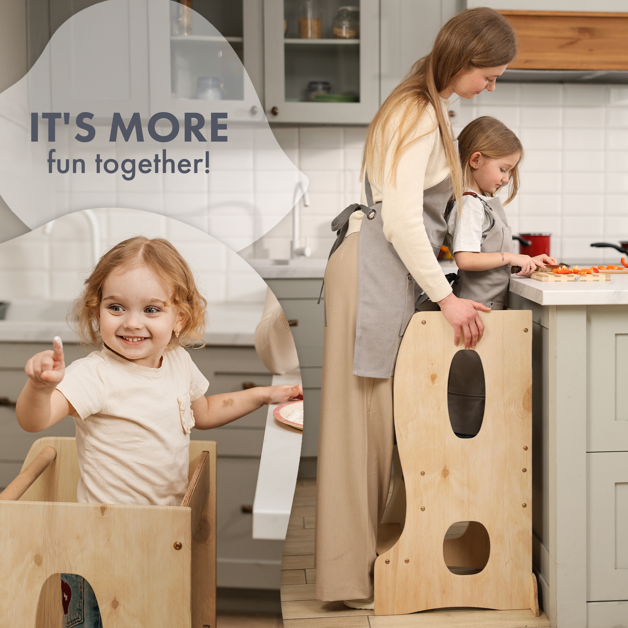 Stabiler Montessori Lernturm: Mitwachsender Kinderstuhl aus Holz – Beige