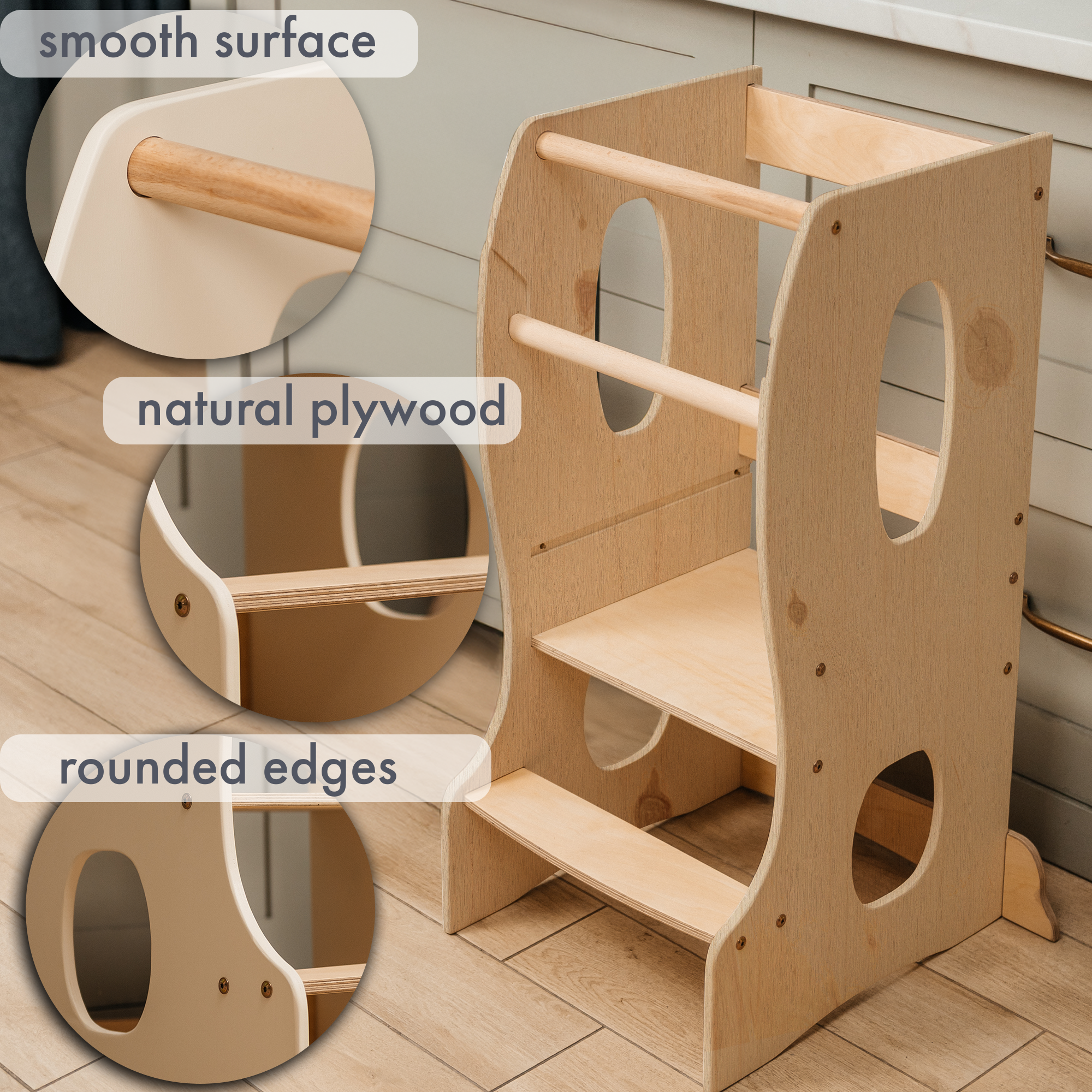 Stabiler Montessori Lernturm: Mitwachsender Kinderstuhl aus Holz – Beige