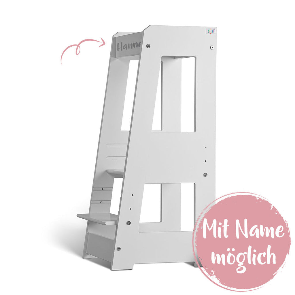 Lernturm Felix - Learning tower - Holz weiß | tiSsi® by Schmatzepuffer® "gratis personalisierbar"